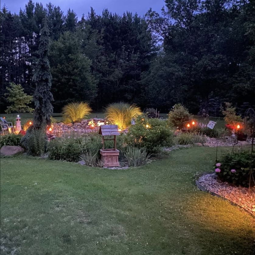 Low-voltage landscape lighting at night